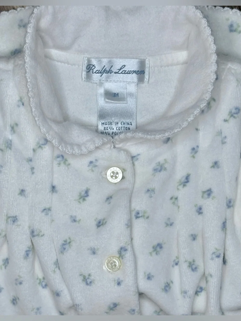 Ralph Lauren Baby Girls 3M Blue Floral Button Down Velour Dress Peter Pan Collar